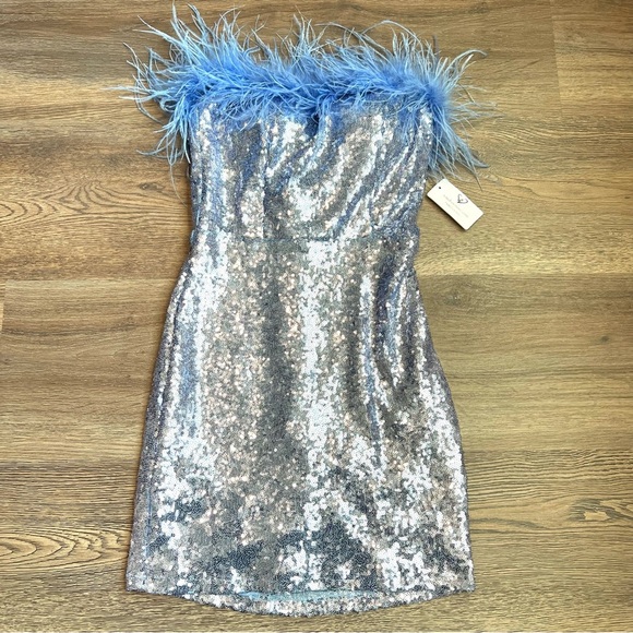 Windsor Baby Blue Sequin Dress with Feather Trim - Picture 2 of 5